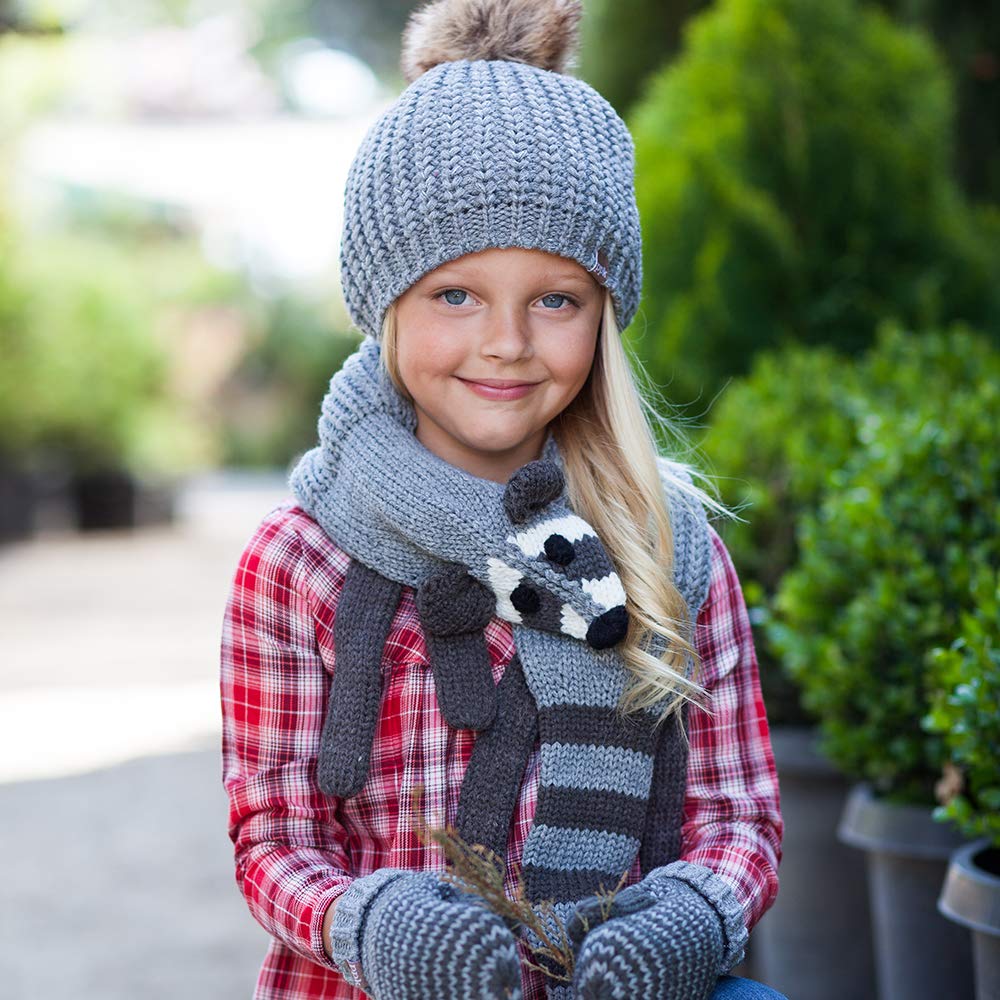 Girls Gray Lined Knit Beanie with Faux Fur Pom-Pom, Silver Metallic Thread, Ages 2-10 Years