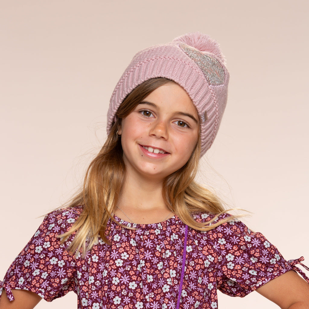 Girls Knit Heart Beanie Mittens 2PC Set with Cute Rabbit Mittens Soft Fleece-Lined, Age 4-6