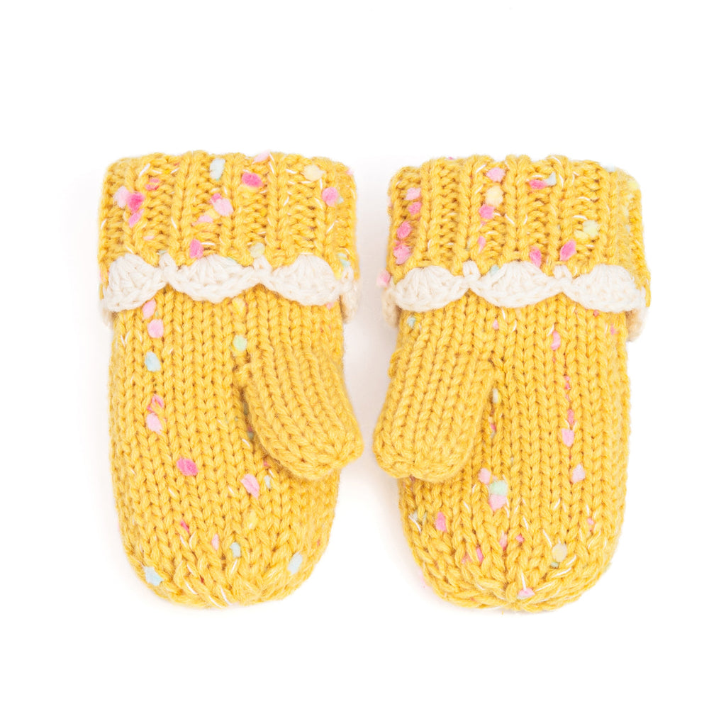 Girls Fun Speckled Knit Mittens with Scalloped Lace Cuff, for Kids All Ages 1-12 Years, Fleece-lined