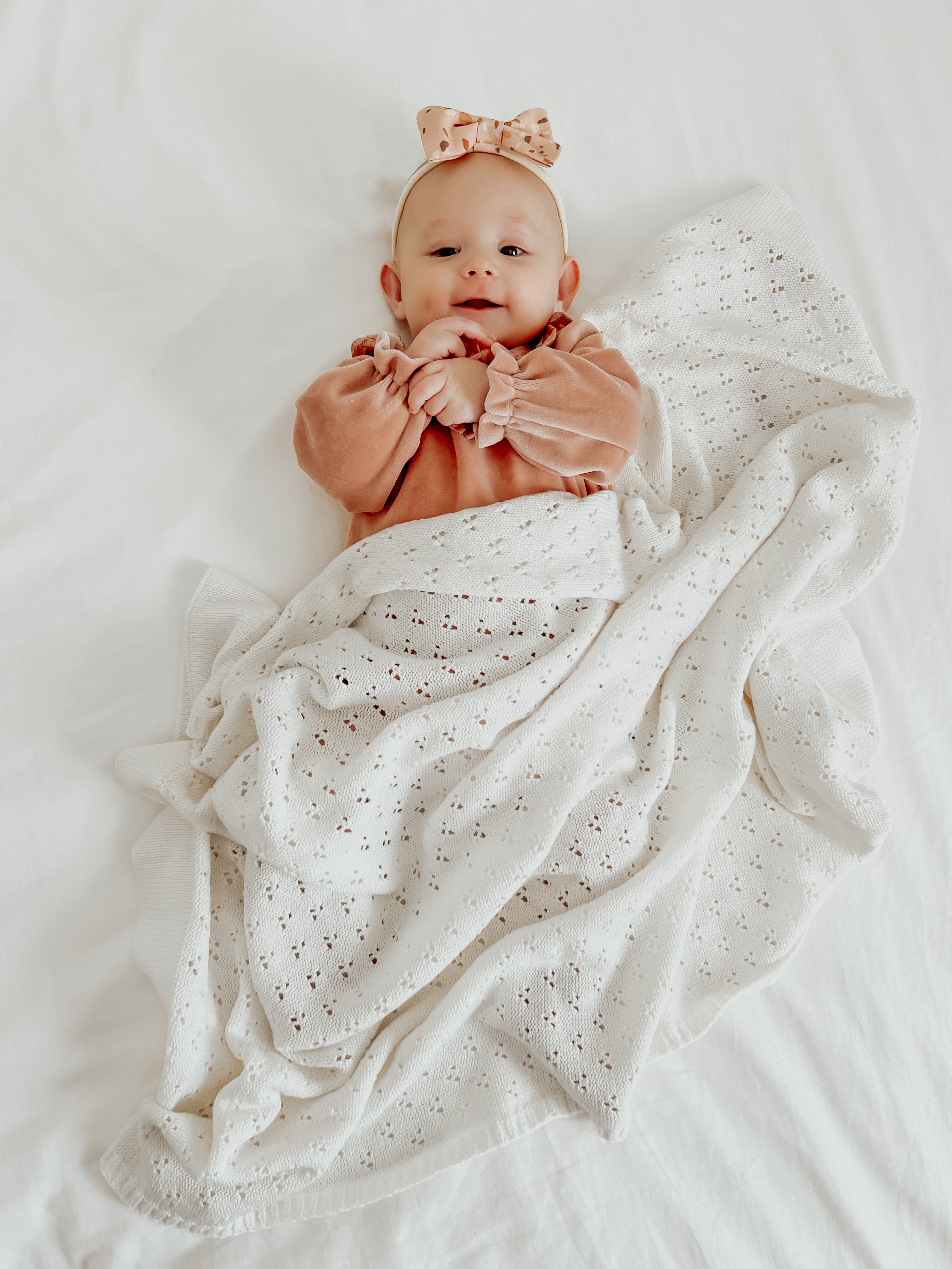 Vanilla White Pointelle Knit Blanket